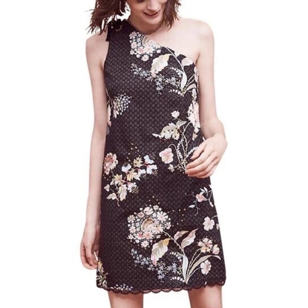 Maeve Anthropologie Ashbury Dress Sz 4 Black Floral One Shoulder Embellished (K